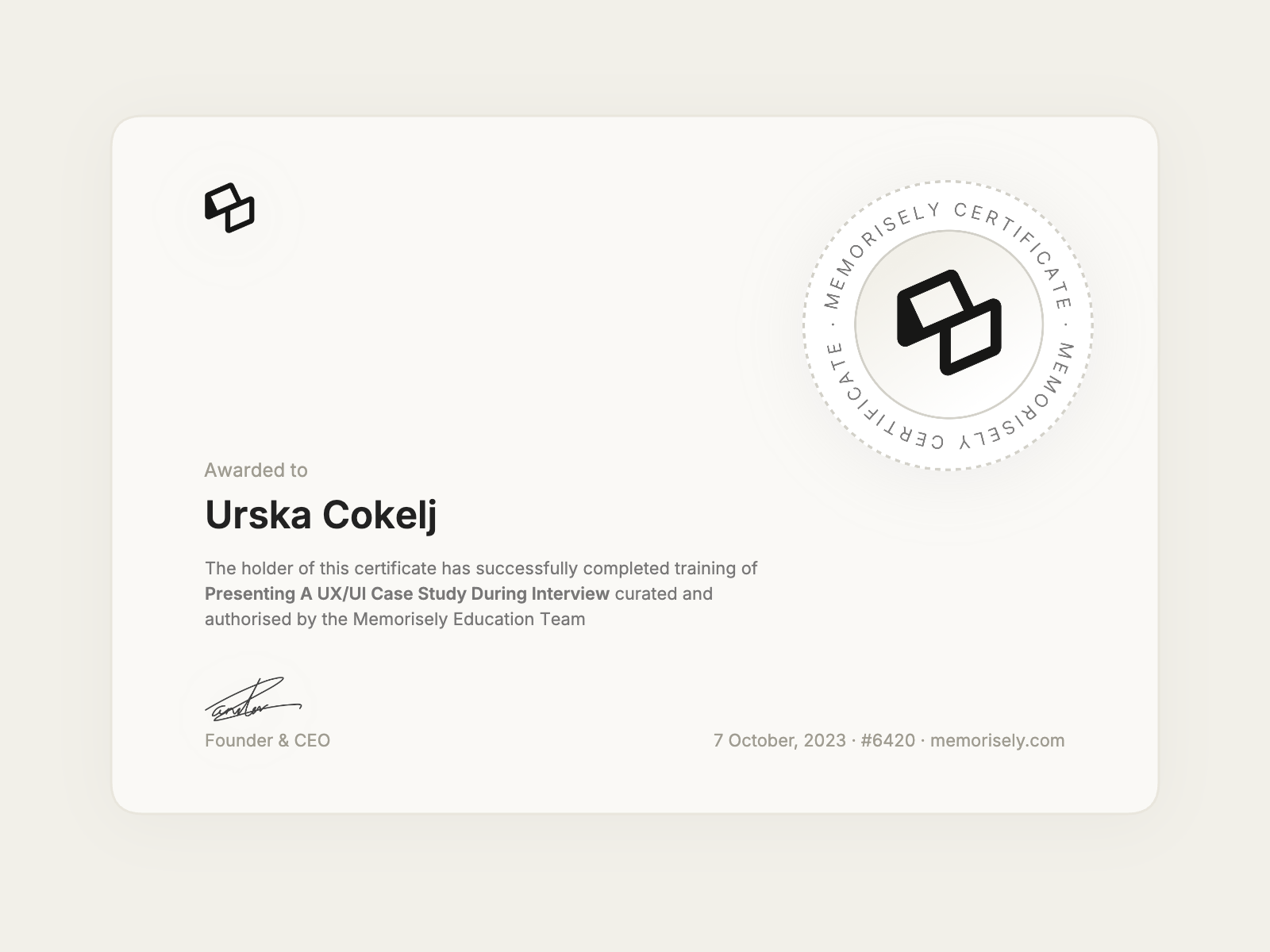 Certifikat Memorisely - UX/UI Presenting Study Case During Interview