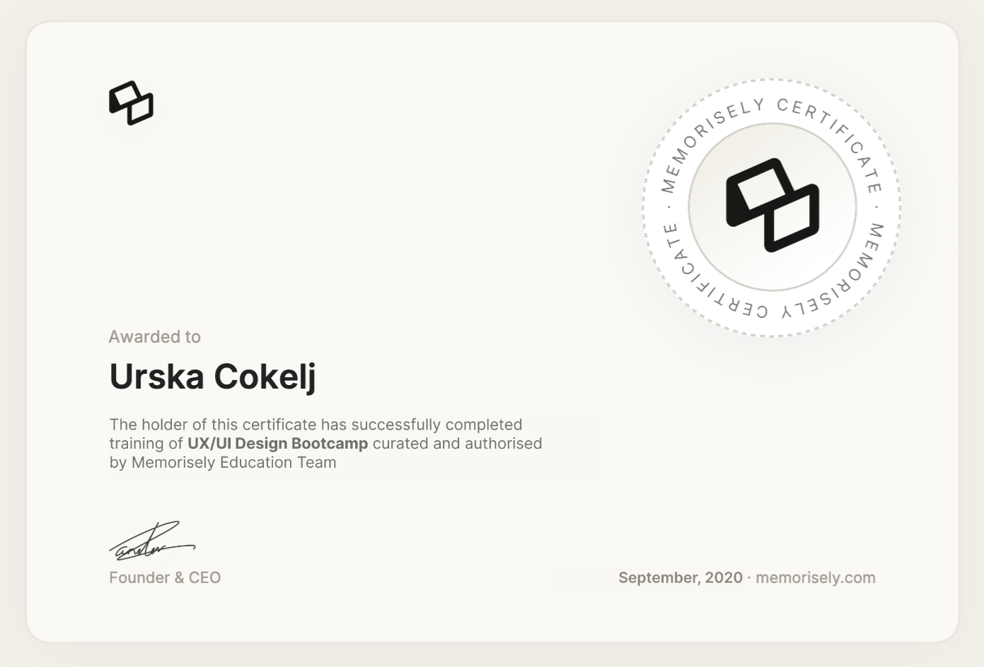 Certifikat Memorisely - UX/UI Design Bootcamp
