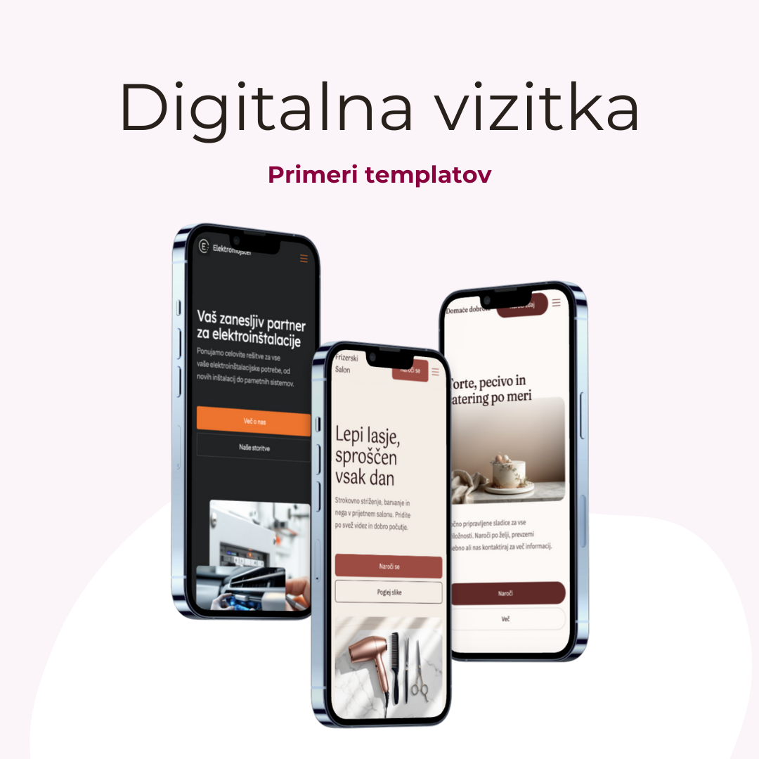 Primeri digitalne vizitke za frizerski salon, elektroinštalacije, slaščičarstvo - mala podjetja, s.p., podjetniki