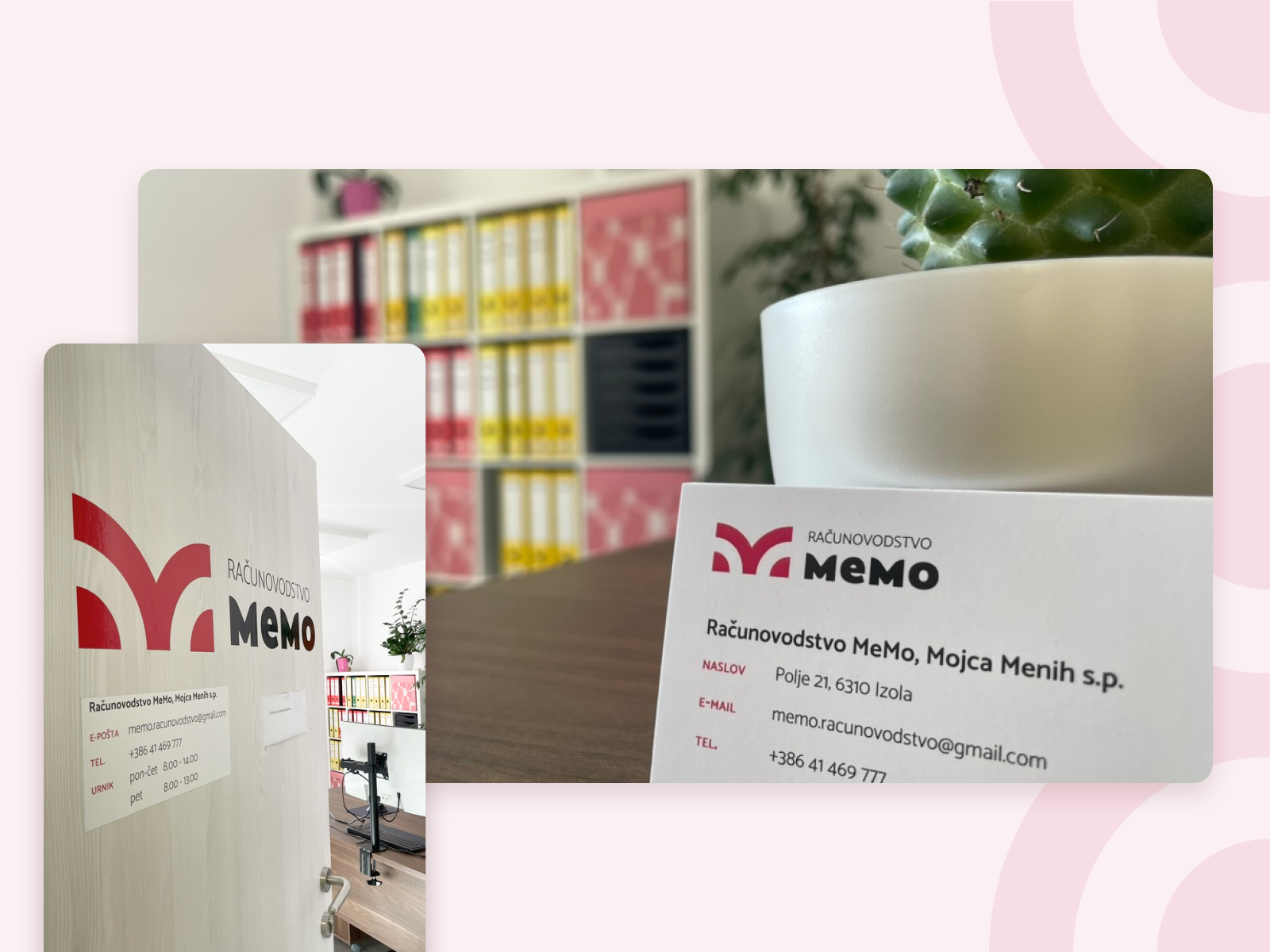 Vizitka in mock uporabe na vratih za Računovodstvo MeMo - praktična uporaba nove blagovne identitete